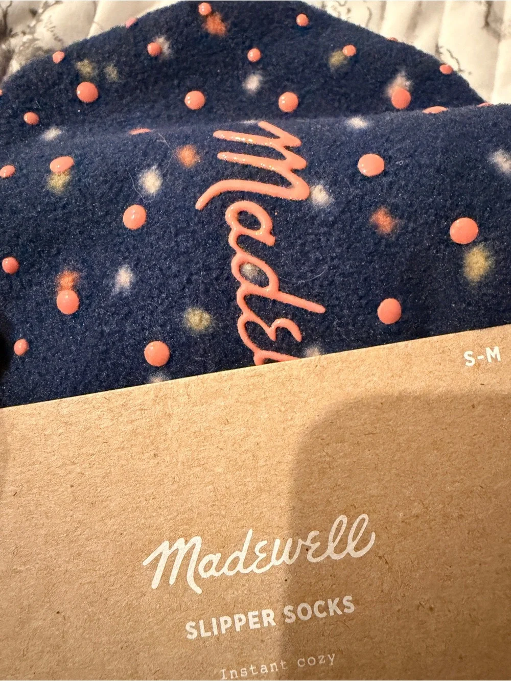 Madewell Navy Polka-Dot Cozy Slipper Socks with Coral Accents